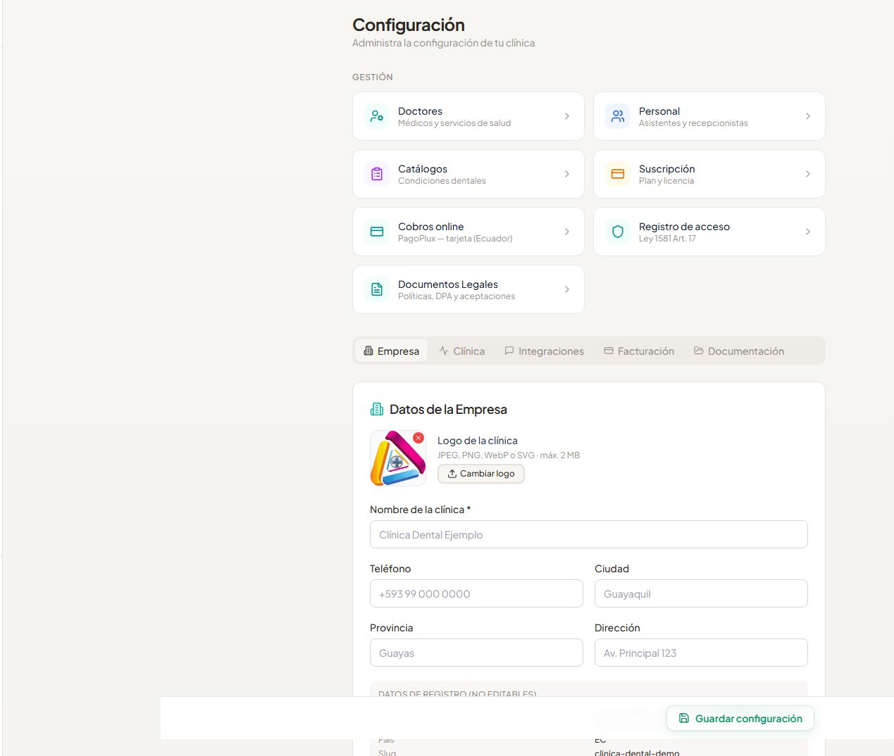 Configuración de la clínica