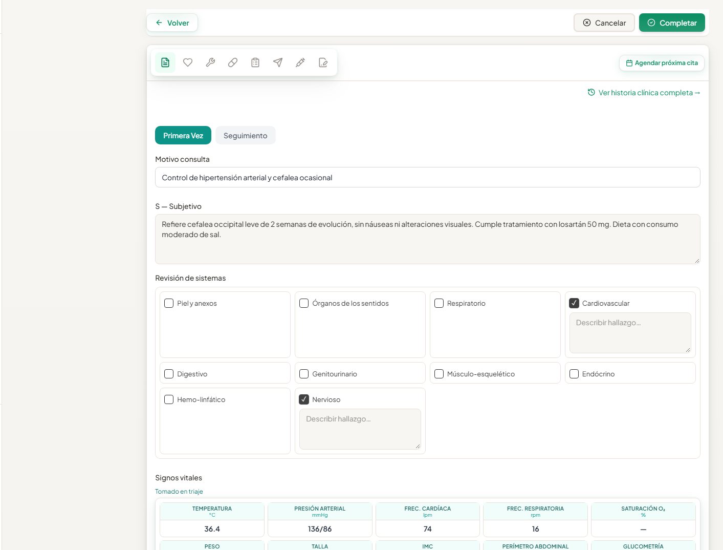 Consulta: motivo, subjetivo y signos vitales